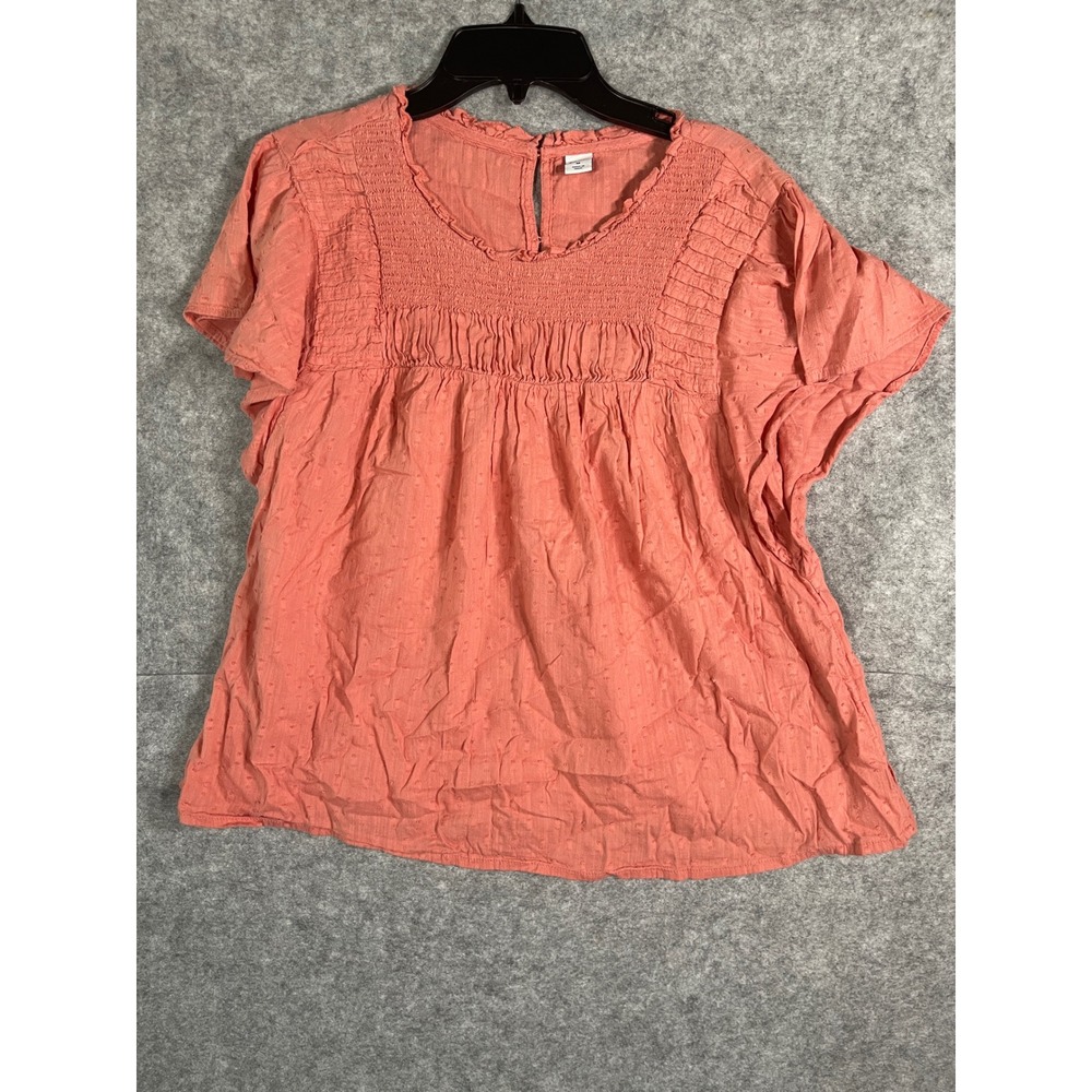 Old Navy Womens Coral Pink Swiss Dot Smocked Ruffle Neck Blouse Top Medium